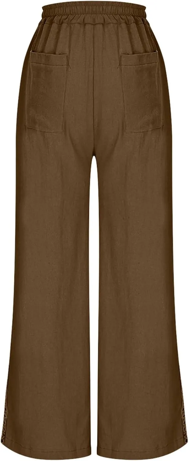 Lace Trim Linen Pants for Women High Waist Comfortable Casual Trousers with Pockets