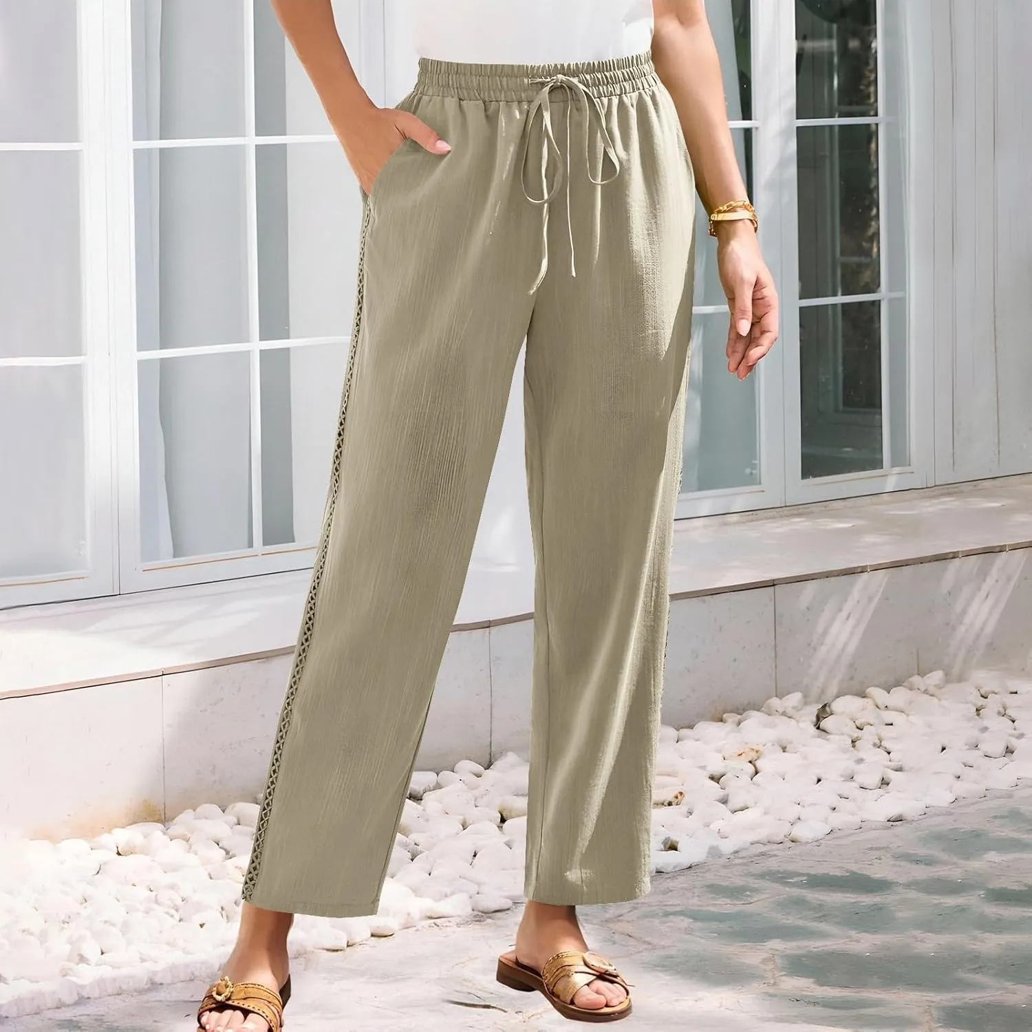 Lace Trim Linen Pants for Women High Waist Comfortable Casual Trousers with Pockets
