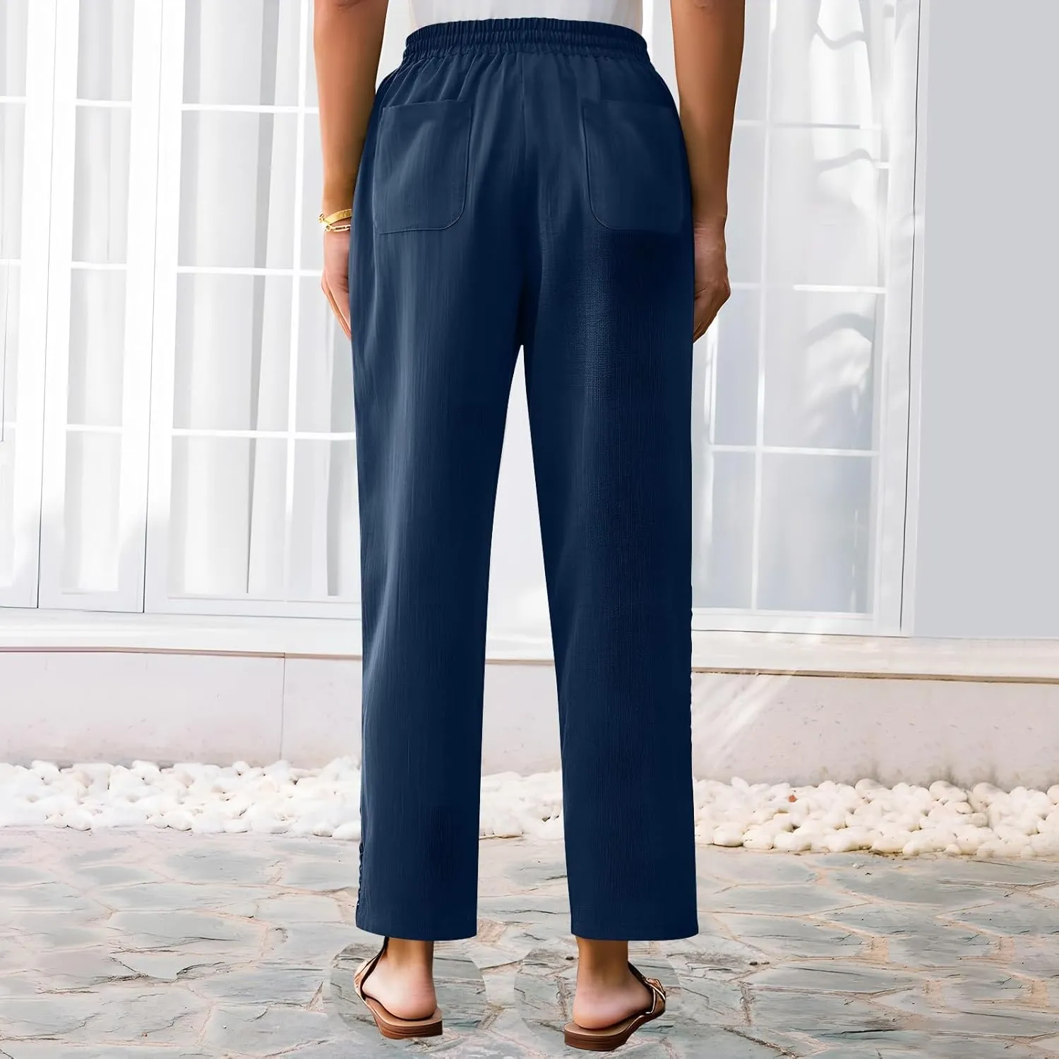Lace Trim Linen Pants for Women High Waist Comfortable Casual Trousers with Pockets