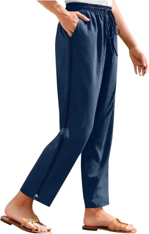 Lace Trim Linen Pants for Women High Waist Comfortable Casual Trousers with Pockets