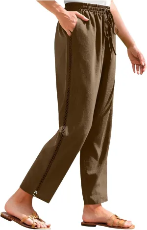 Lace Trim Linen Pants for Women High Waist Comfortable Casual Trousers with Pockets