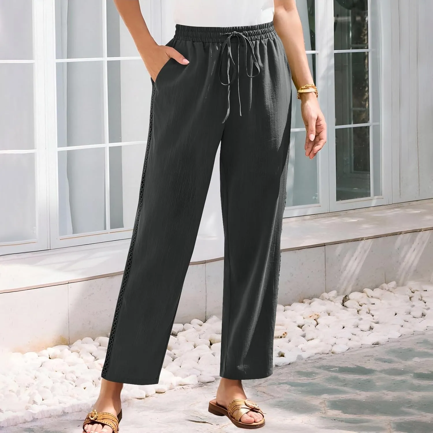 Lace Trim Linen Pants for Women High Waist Comfortable Casual Trousers with Pockets