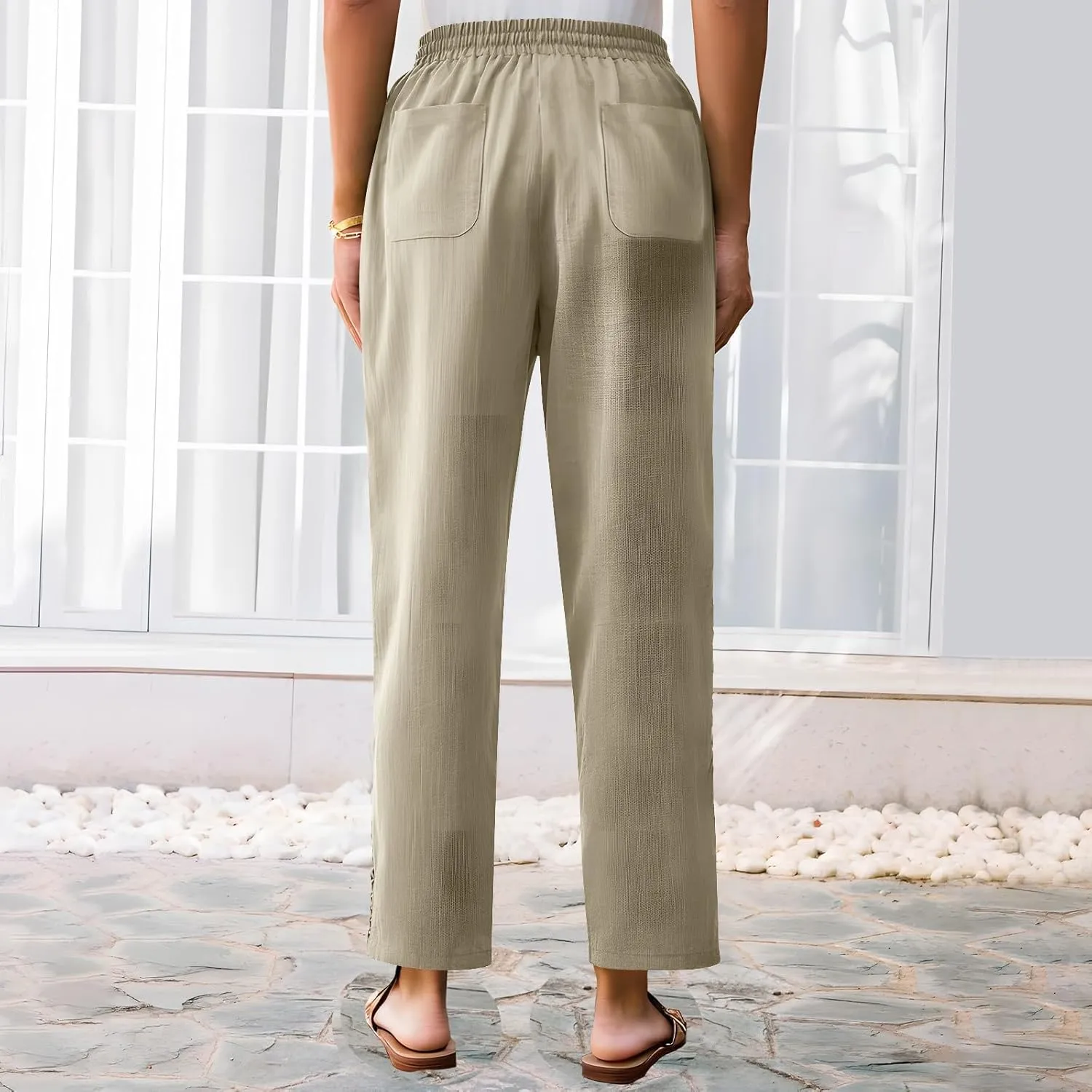 Lace Trim Linen Pants for Women High Waist Comfortable Casual Trousers with Pockets