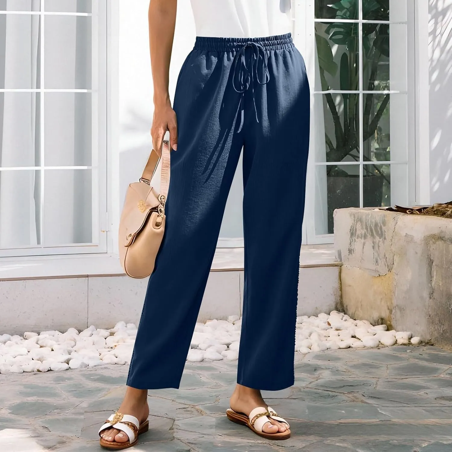 Lace Trim Linen Pants for Women High Waist Comfortable Casual Trousers with Pockets