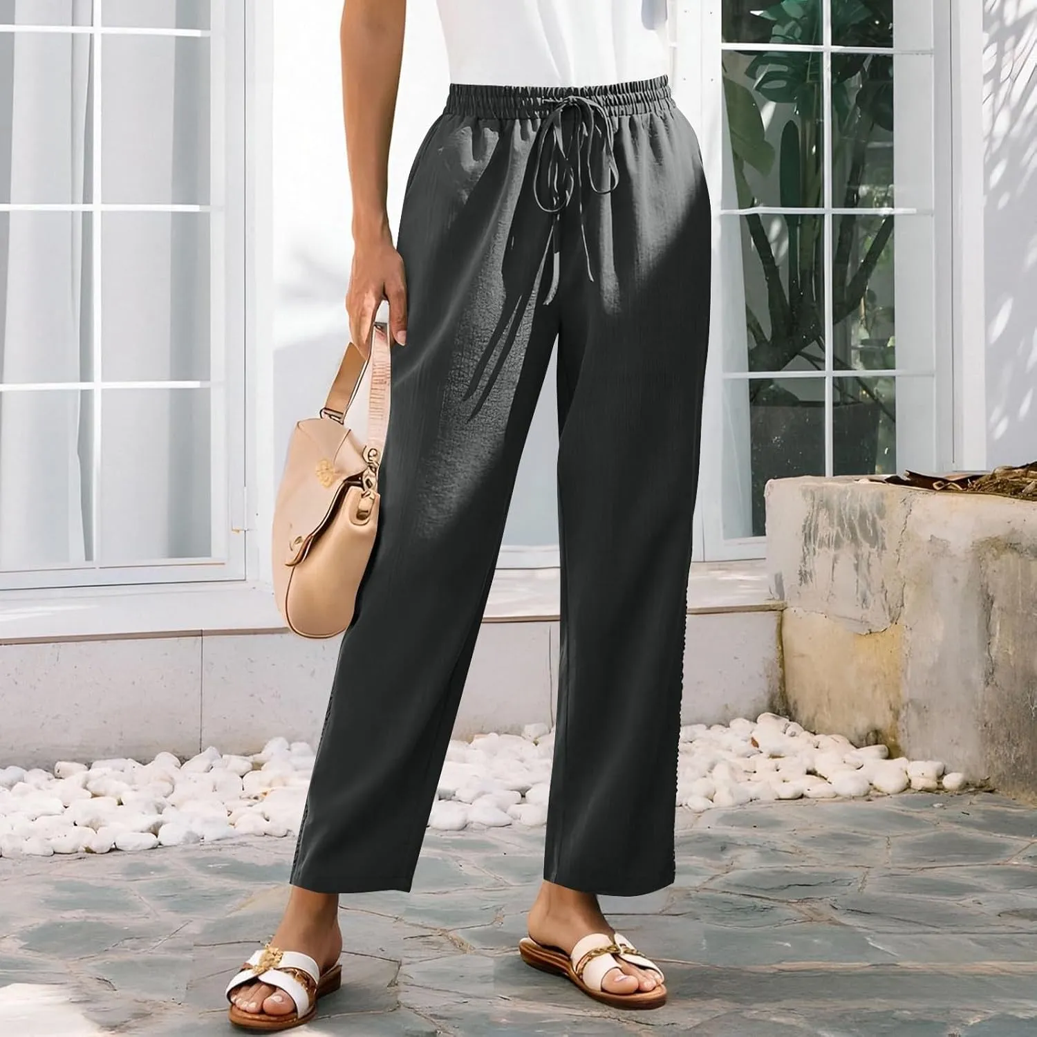 Lace Trim Linen Pants for Women High Waist Comfortable Casual Trousers with Pockets