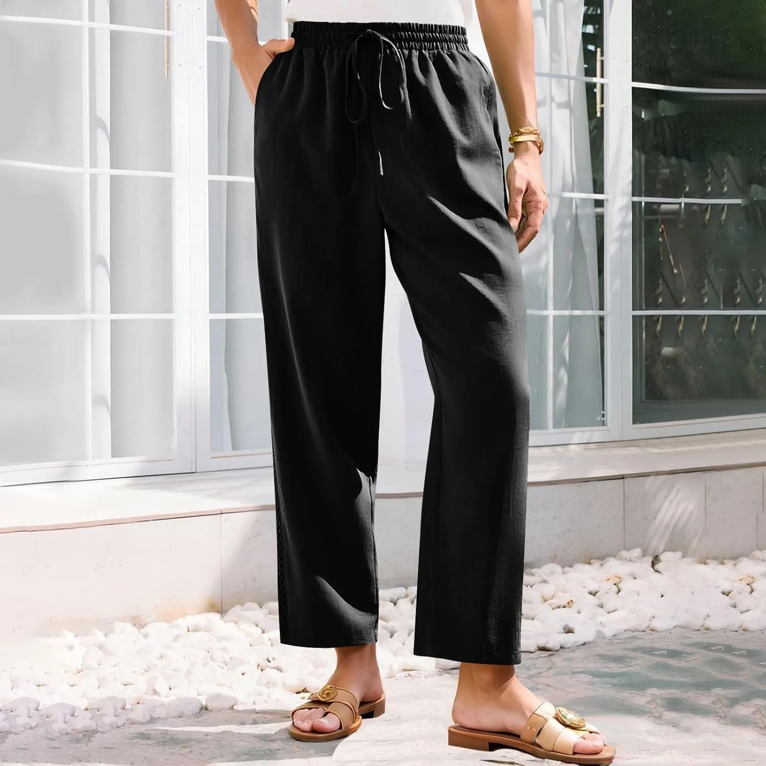 Lace Trim Linen Pants for Women High Waist Comfortable Casual Trousers with Pockets