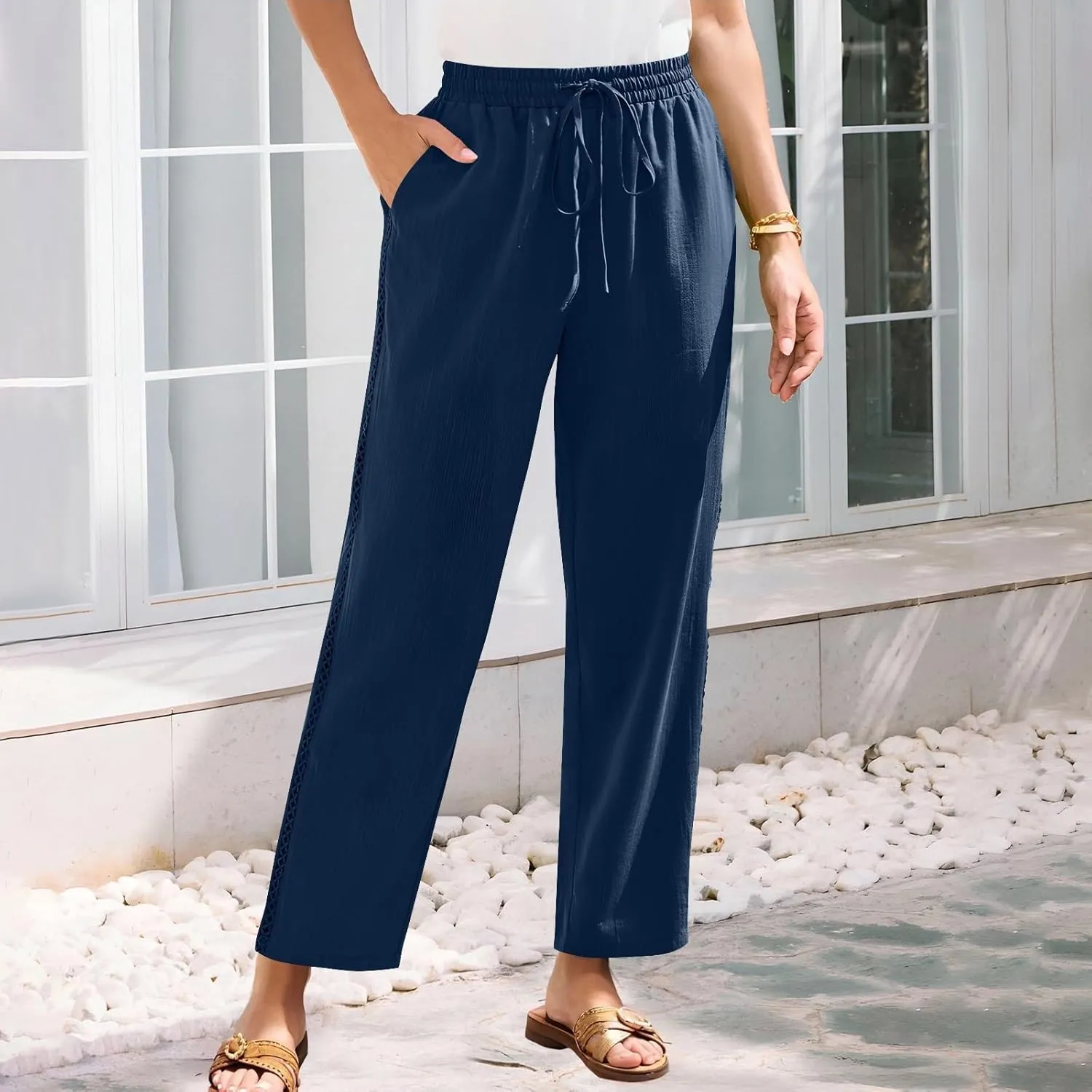 Lace Trim Linen Pants for Women High Waist Comfortable Casual Trousers with Pockets