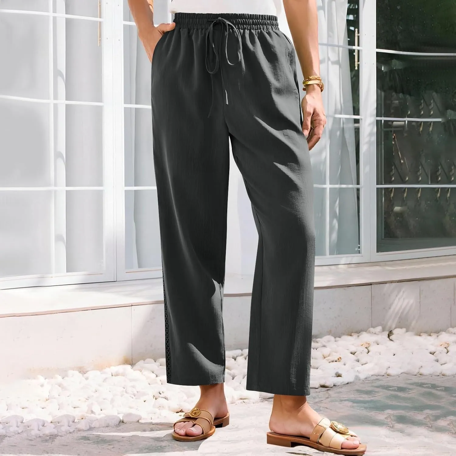 Lace Trim Linen Pants for Women High Waist Comfortable Casual Trousers with Pockets