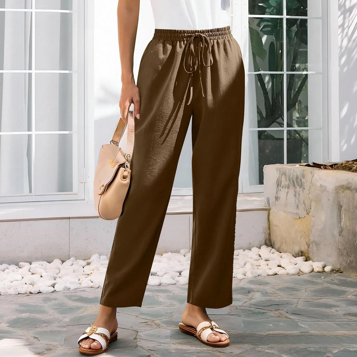 Lace Trim Linen Pants for Women High Waist Comfortable Casual Trousers with Pockets