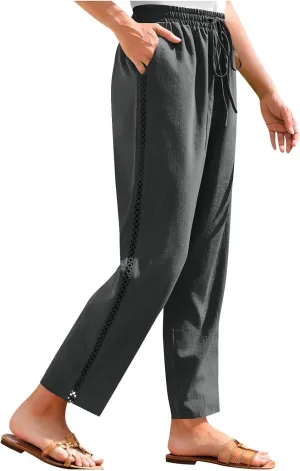 Lace Trim Linen Pants for Women High Waist Comfortable Casual Trousers with Pockets