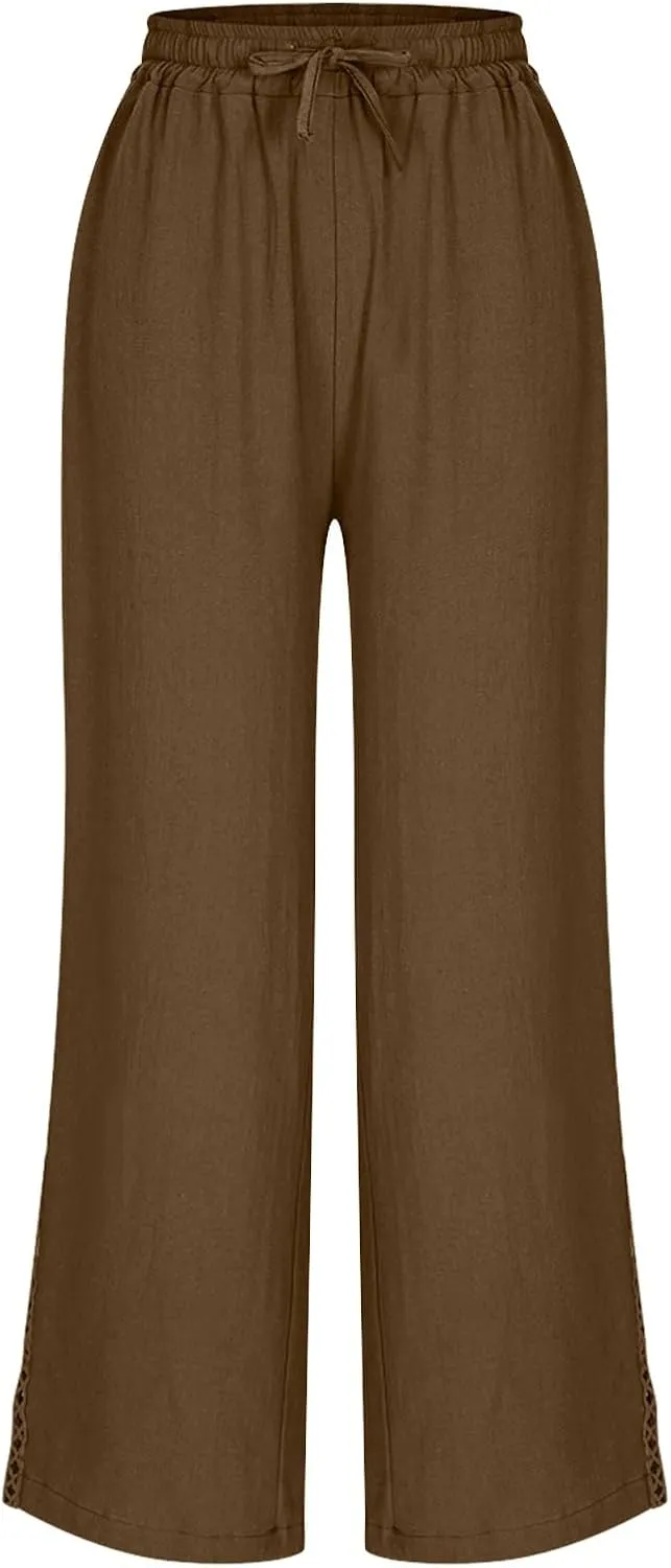Lace Trim Linen Pants for Women High Waist Comfortable Casual Trousers with Pockets