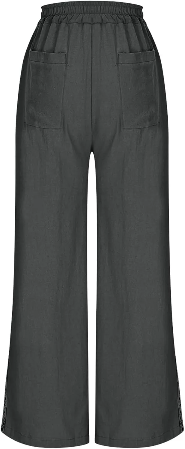 Lace Trim Linen Pants for Women High Waist Comfortable Casual Trousers with Pockets