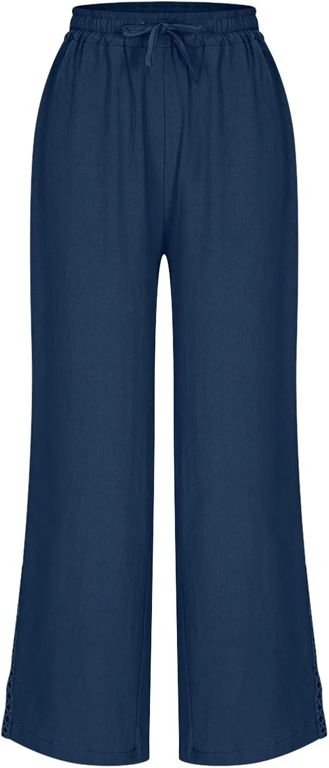 Lace Trim Linen Pants for Women High Waist Comfortable Casual Trousers with Pockets