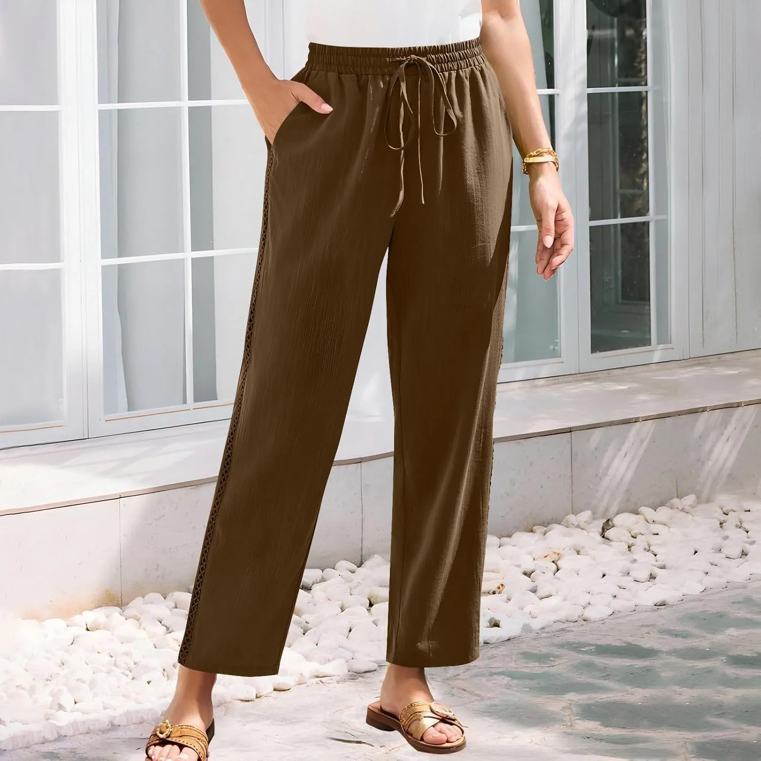 Lace Trim Linen Pants for Women High Waist Comfortable Casual Trousers with Pockets