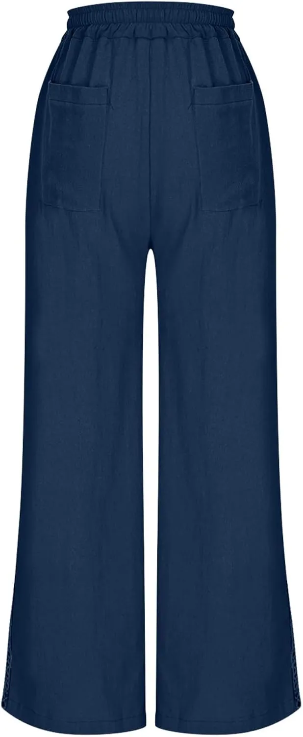Lace Trim Linen Pants for Women High Waist Comfortable Casual Trousers with Pockets