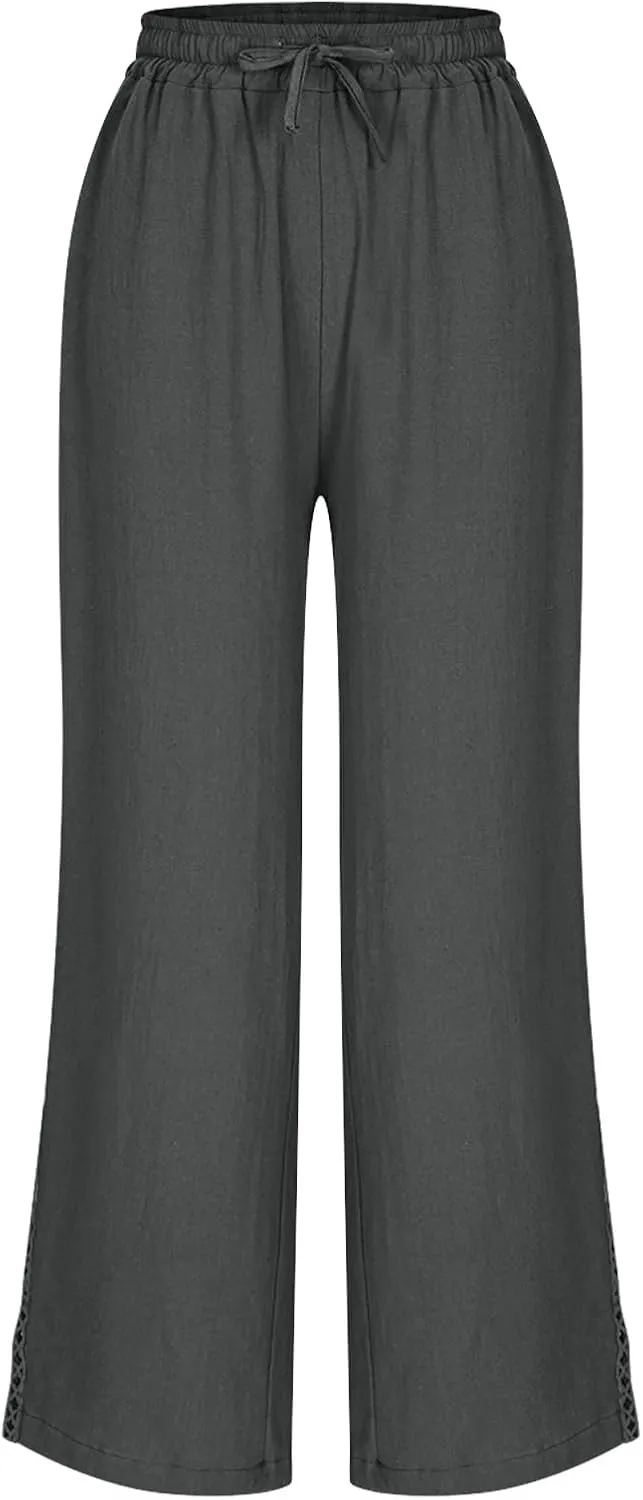 Lace Trim Linen Pants for Women High Waist Comfortable Casual Trousers with Pockets