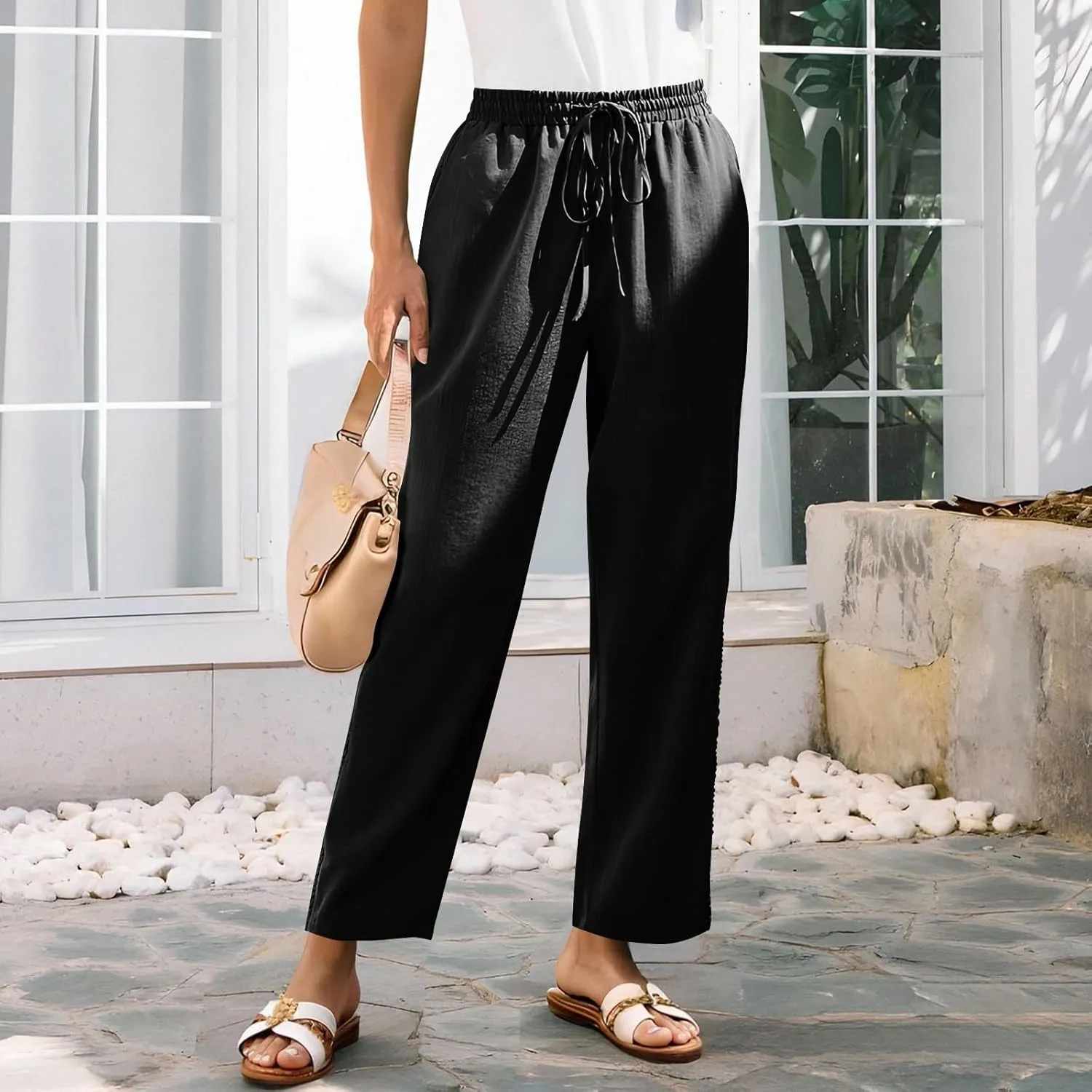 Lace Trim Linen Pants for Women High Waist Comfortable Casual Trousers with Pockets