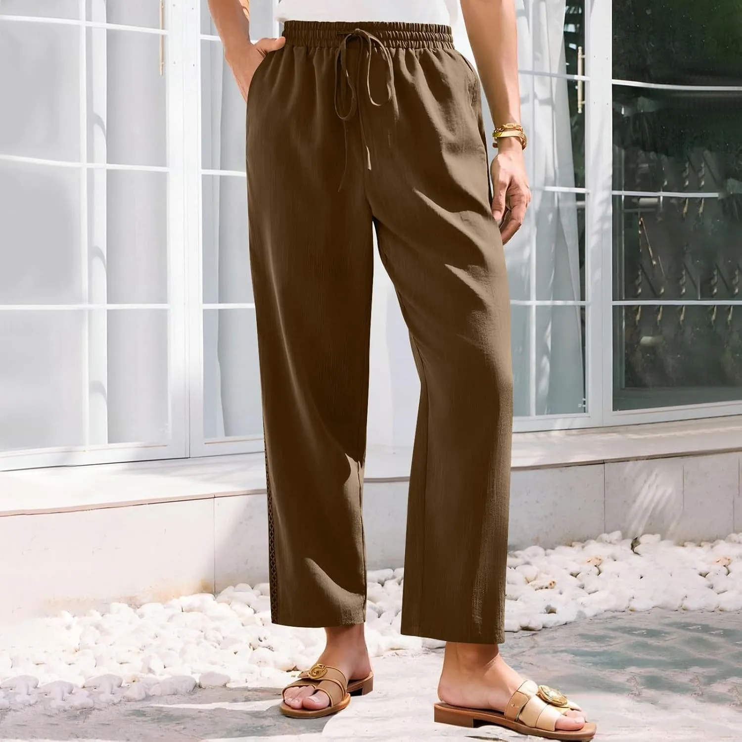 Lace Trim Linen Pants for Women High Waist Comfortable Casual Trousers with Pockets