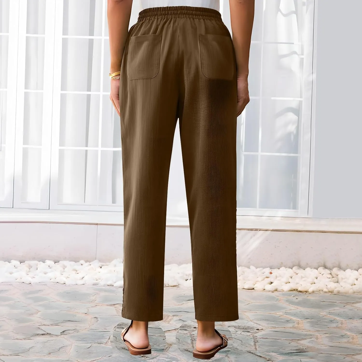 Lace Trim Linen Pants for Women High Waist Comfortable Casual Trousers with Pockets