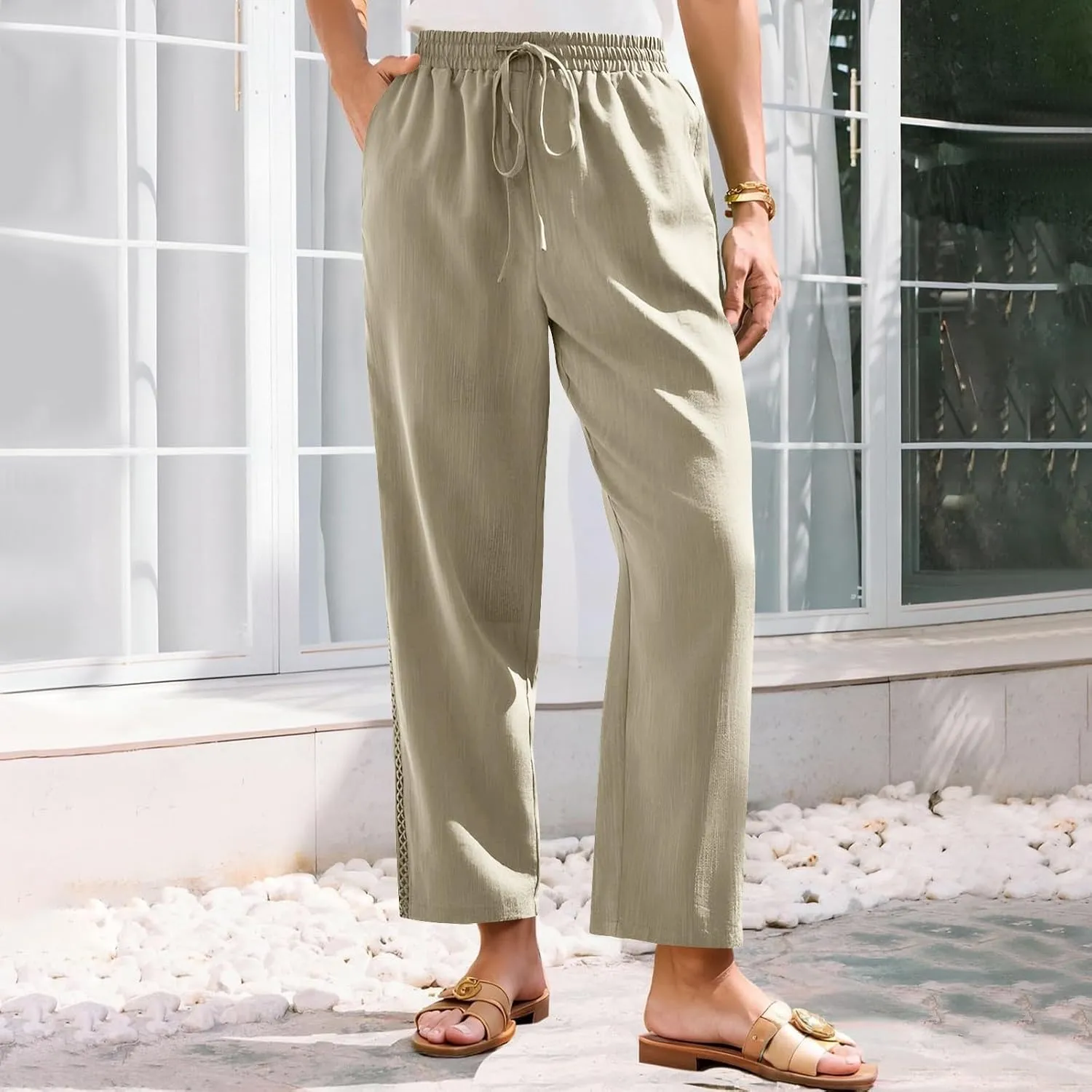Lace Trim Linen Pants for Women High Waist Comfortable Casual Trousers with Pockets