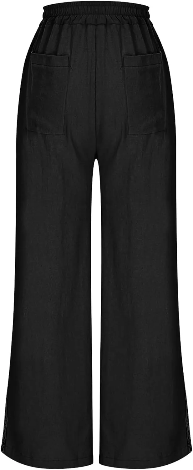Lace Trim Linen Pants for Women High Waist Comfortable Casual Trousers with Pockets