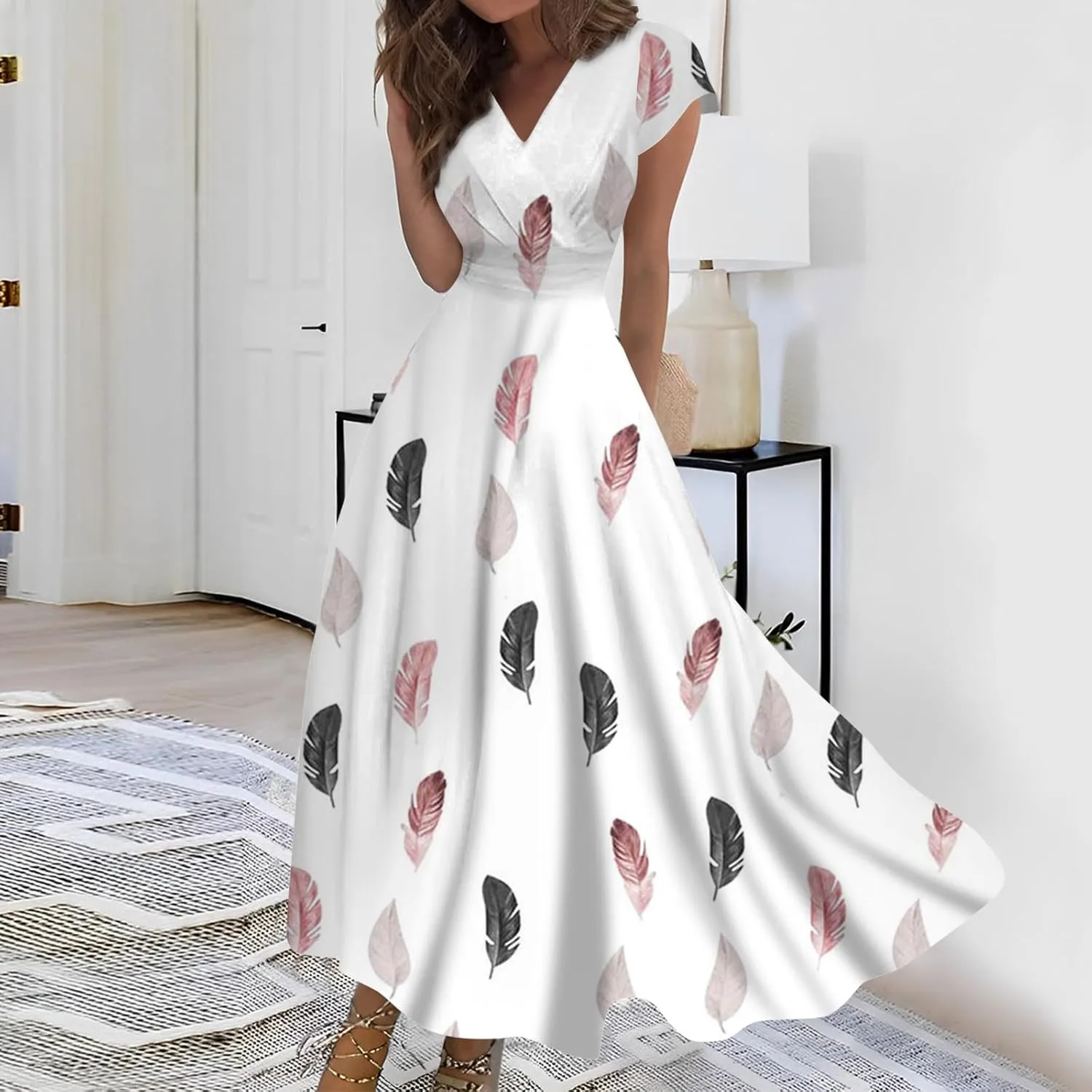 Ladies Sexy Vintage Dresses Bohemian Summer Maxi Loose Fit 2025 V Neck Short Sleeve Daily A Line Loose Fit Party Dress