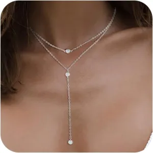 Lariat Gold Necklace for Women, 14k Gold Plated Dainty Long Layered Y Necklaces CZ Pendant Choker Necklace Simple Trendy Gold/Sliver Jewelry Gift for Women