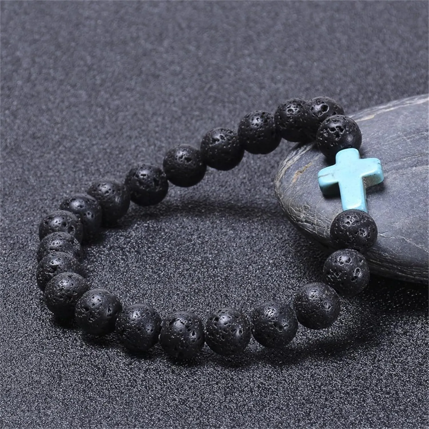 Lava Volcanic Stone Beaded Turquoise Cross Stretch Bracelet 8MM Natural Stone Healing Cross Religious Christian Prayer Elastic Bracelets for Women Men Good Luck Protection Amulet Jewelry Gifts