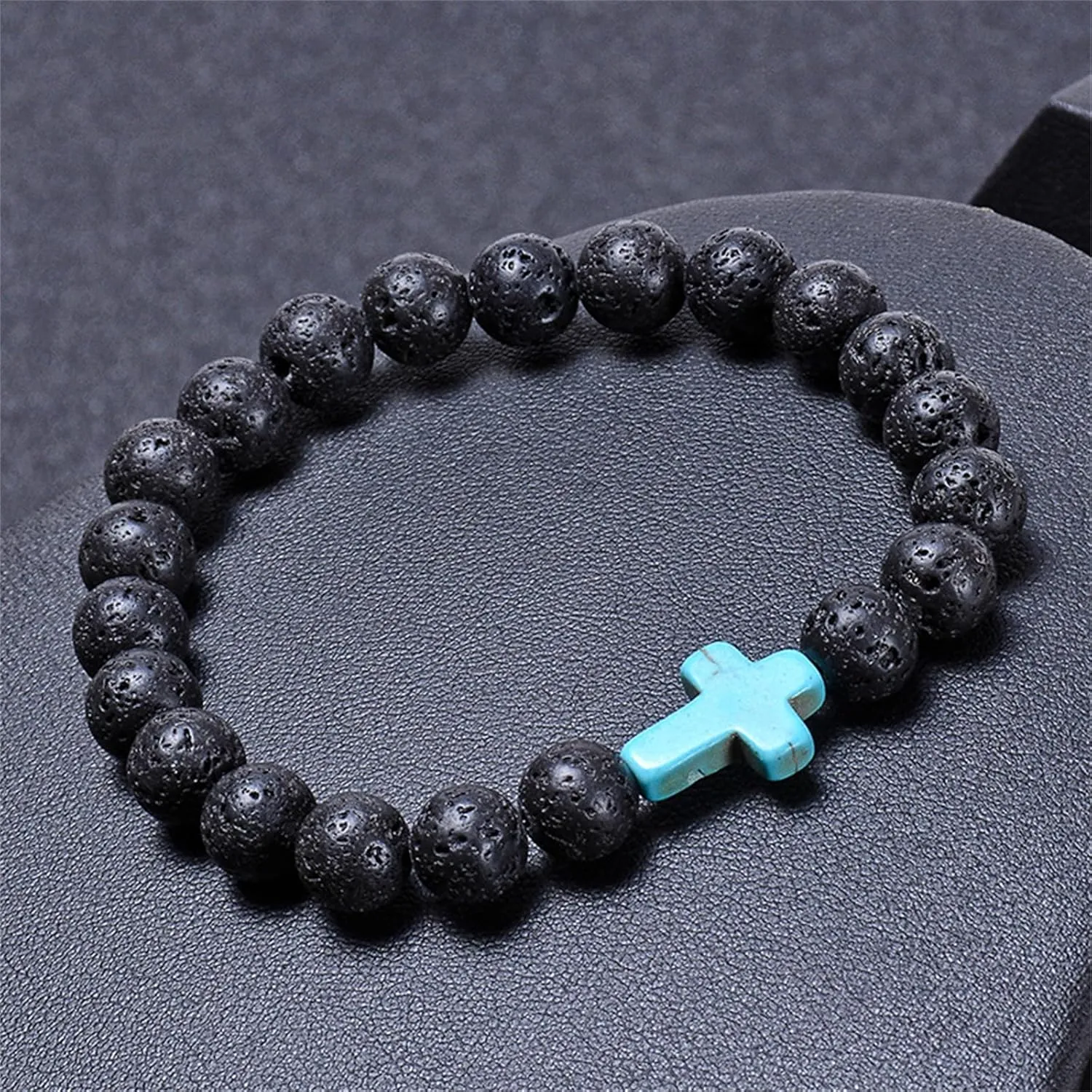 Lava Volcanic Stone Beaded Turquoise Cross Stretch Bracelet 8MM Natural Stone Healing Cross Religious Christian Prayer Elastic Bracelets for Women Men Good Luck Protection Amulet Jewelry Gifts