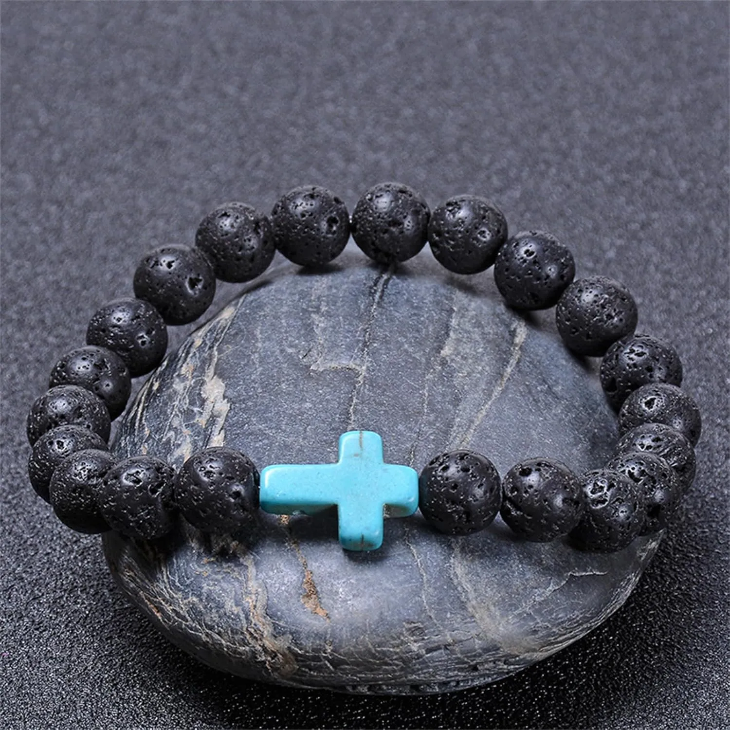 Lava Volcanic Stone Beaded Turquoise Cross Stretch Bracelet 8MM Natural Stone Healing Cross Religious Christian Prayer Elastic Bracelets for Women Men Good Luck Protection Amulet Jewelry Gifts