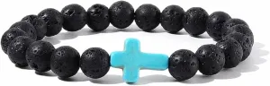 Lava Volcanic Stone Beaded Turquoise Cross Stretch Bracelet 8MM Natural Stone Healing Cross Religious Christian Prayer Elastic Bracelets for Women Men Good Luck Protection Amulet Jewelry Gifts