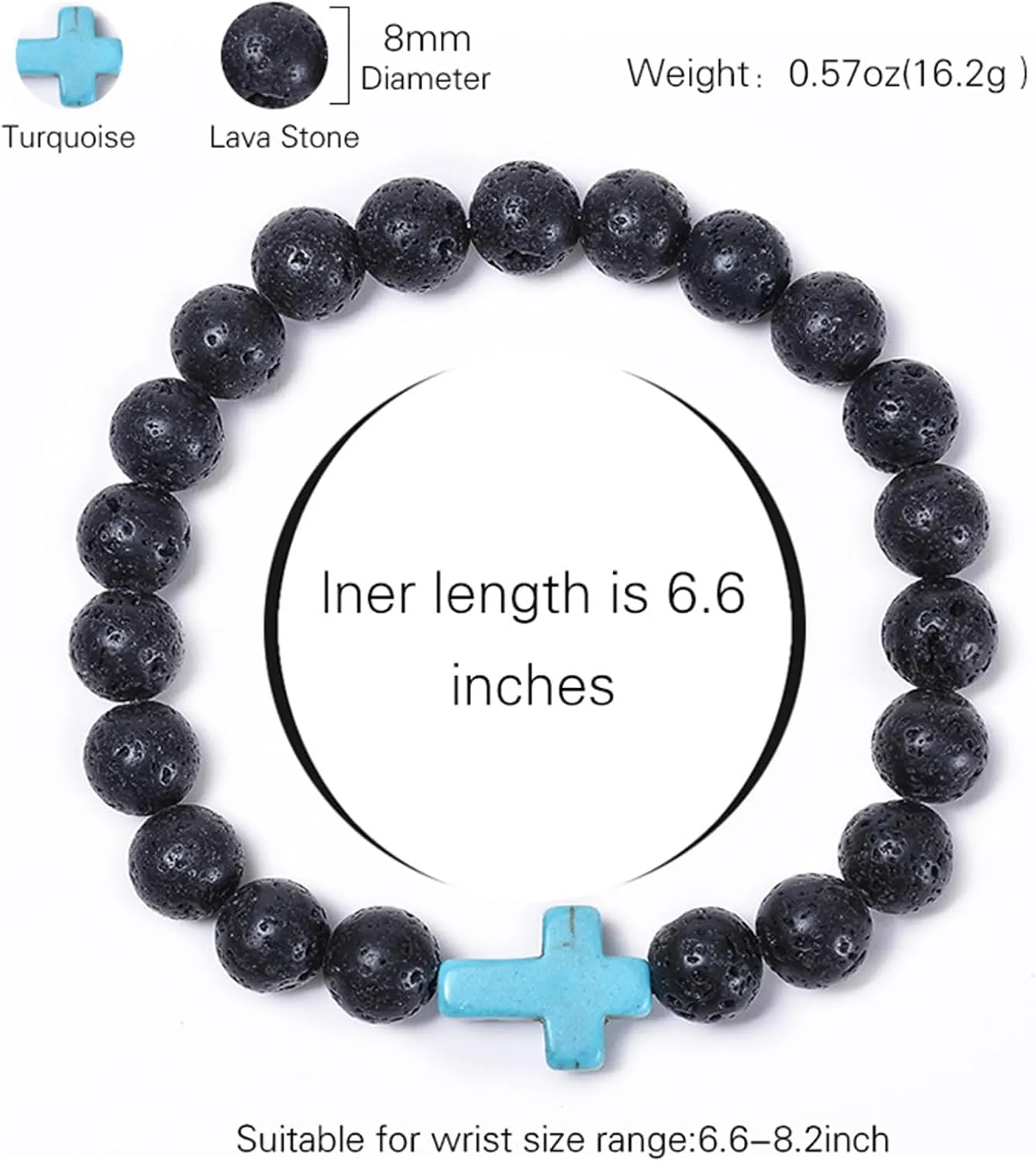 Lava Volcanic Stone Beaded Turquoise Cross Stretch Bracelet 8MM Natural Stone Healing Cross Religious Christian Prayer Elastic Bracelets for Women Men Good Luck Protection Amulet Jewelry Gifts