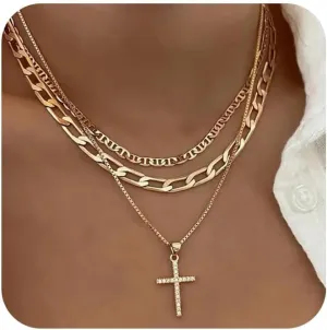 Layered Gold Necklaces for Women Dainty 14k Gold/Silver Plated Stackable Choker Necklaces for Women Trendy Cuba Cross Circle Pendant Necklaces Set Jewelry Gifts for Women