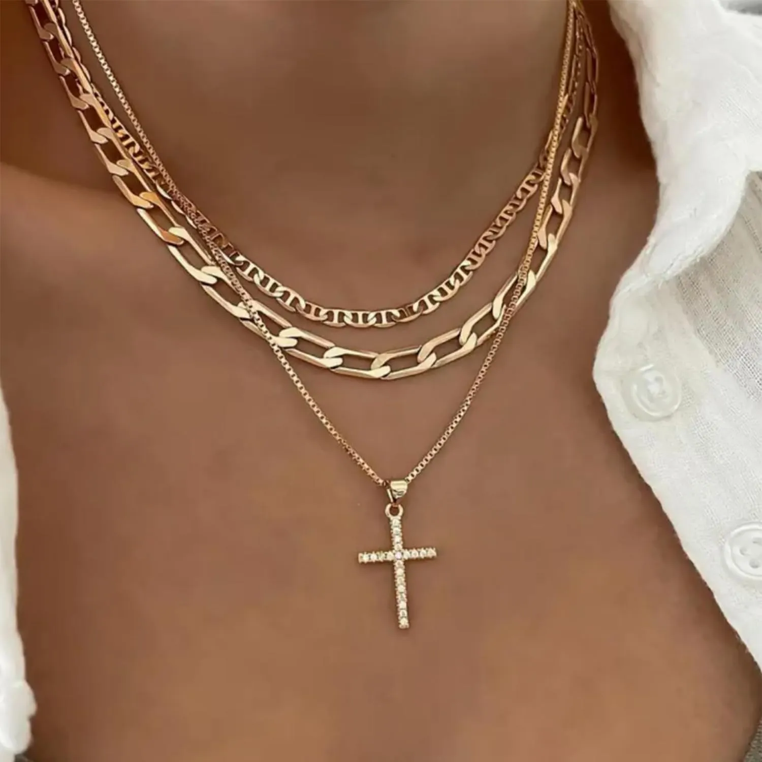 Layered Gold Necklaces for Women Dainty 14k Gold/Silver Plated Stackable Choker Necklaces for Women Trendy Cuba Cross Circle Pendant Necklaces Set Jewelry Gifts for Women
