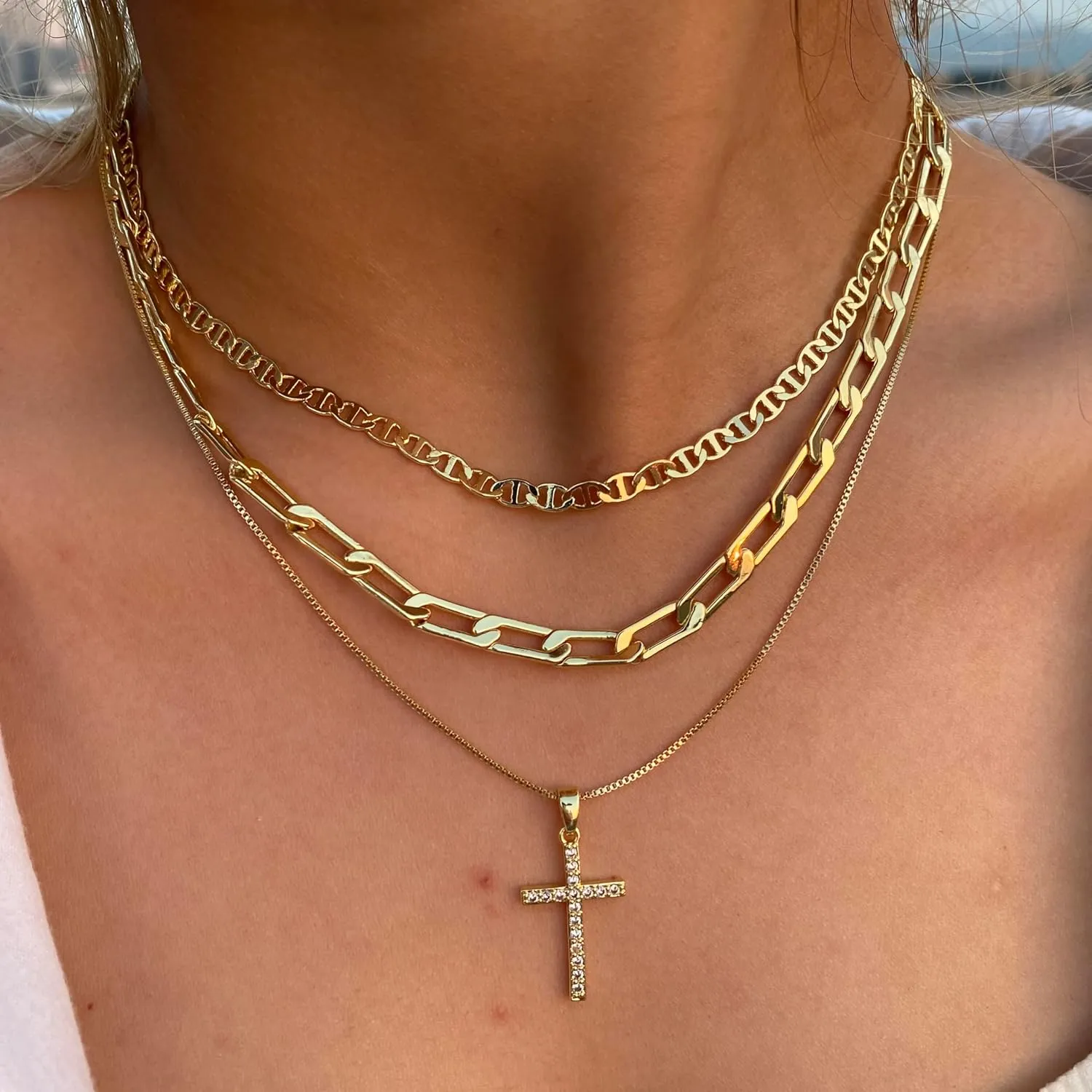 Layered Gold Necklaces for Women Dainty 14k Gold/Silver Plated Stackable Choker Necklaces for Women Trendy Cuba Cross Circle Pendant Necklaces Set Jewelry Gifts for Women