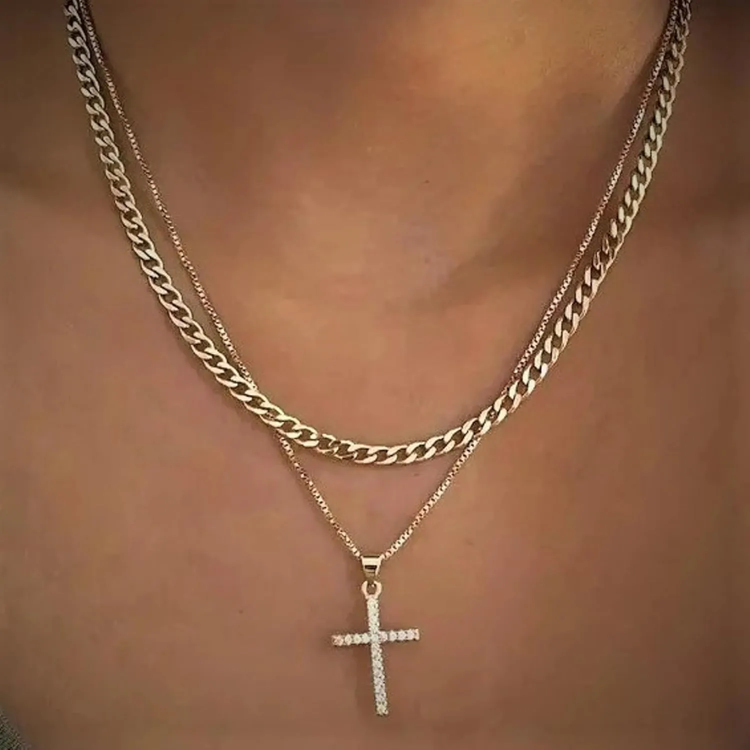 Layered Gold Necklaces for Women Dainty 14k Gold/Silver Plated Stackable Choker Necklaces for Women Trendy Cuba Cross Circle Pendant Necklaces Set Jewelry Gifts for Women