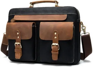 Leather Briefcase for Men Business Travel Laptop Messenger Bags Mens Leather Messenger Bag Office College Bag(Black)