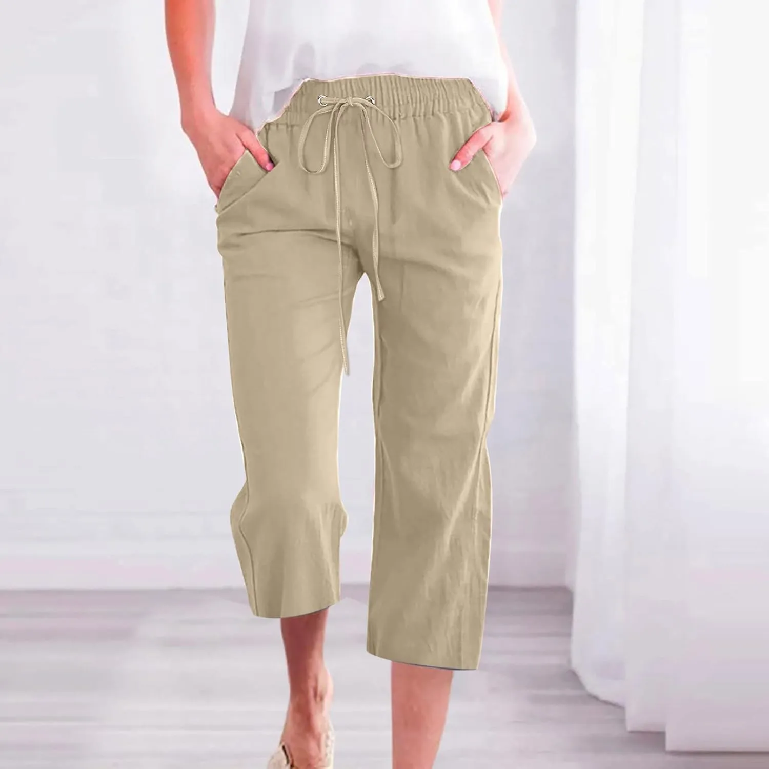 Linen Capris for Women Summer Casual Lounge Pants Cropped Cotton Linen Comfy Drawstring Baggy Trousers with Pockets