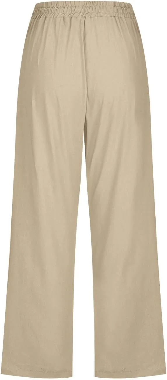 Linen Capris for Women Summer Casual Lounge Pants Cropped Cotton Linen Comfy Drawstring Baggy Trousers with Pockets