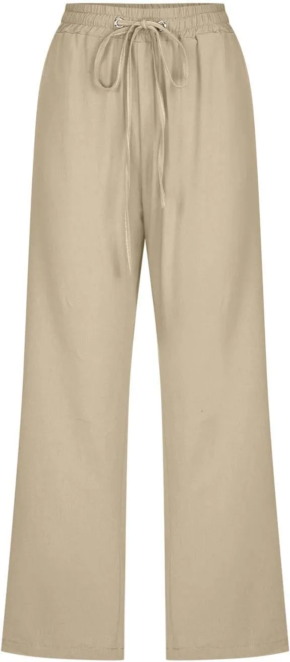 Linen Capris for Women Summer Casual Lounge Pants Cropped Cotton Linen Comfy Drawstring Baggy Trousers with Pockets