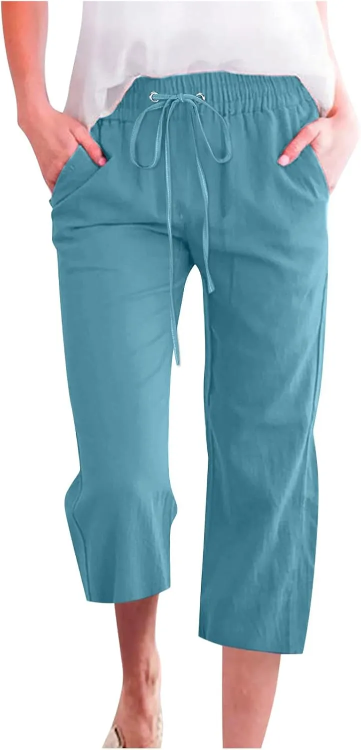 Linen Capris for Women Summer Casual Lounge Pants Cropped Cotton Linen Comfy Drawstring Baggy Trousers with Pockets