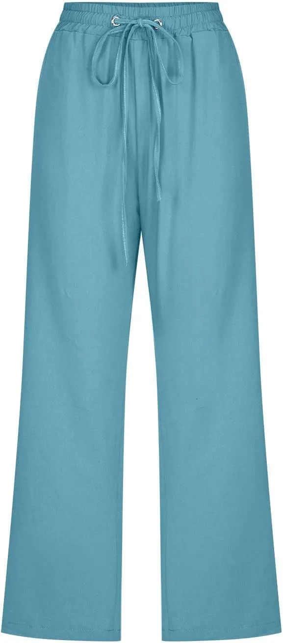 Linen Capris for Women Summer Casual Lounge Pants Cropped Cotton Linen Comfy Drawstring Baggy Trousers with Pockets