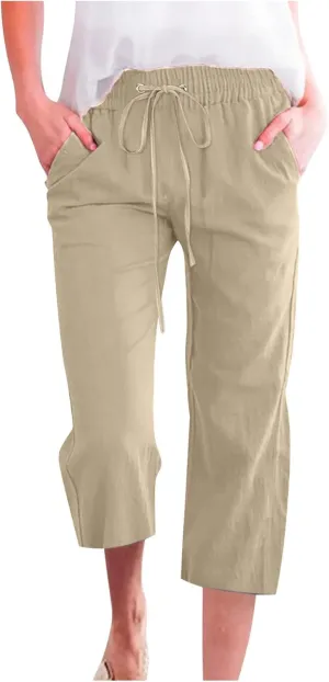 Linen Capris for Women Summer Casual Lounge Pants Cropped Cotton Linen Comfy Drawstring Baggy Trousers with Pockets