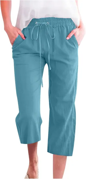 Linen Capris for Women Summer Casual Lounge Pants Cropped Cotton Linen Comfy Drawstring Baggy Trousers with Pockets