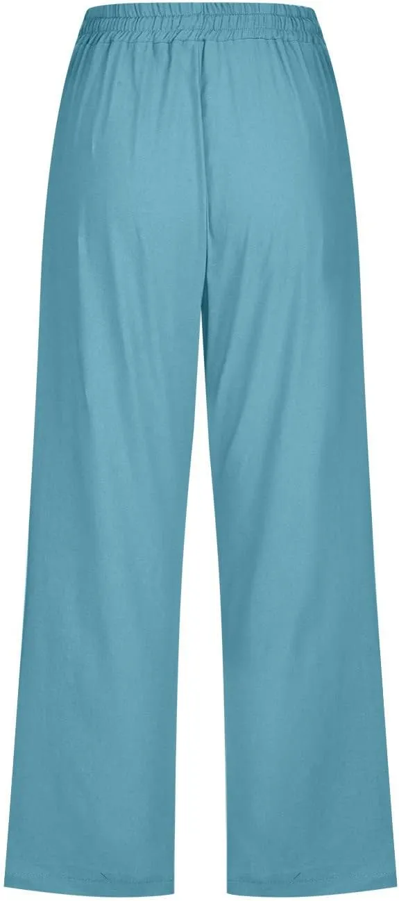Linen Capris for Women Summer Casual Lounge Pants Cropped Cotton Linen Comfy Drawstring Baggy Trousers with Pockets