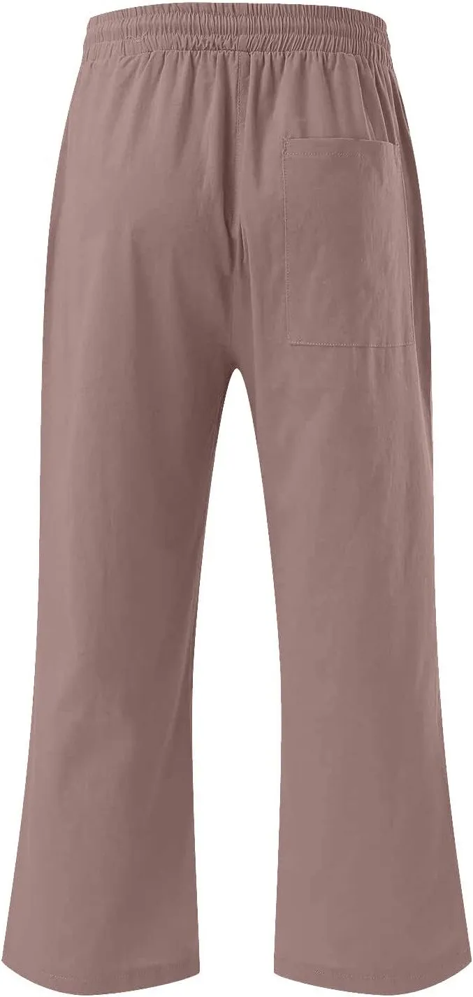 Linen Capris for Women Summer Casual Lounge Pants Cropped Cotton Linen Comfy Drawstring Baggy Trousers with Pockets