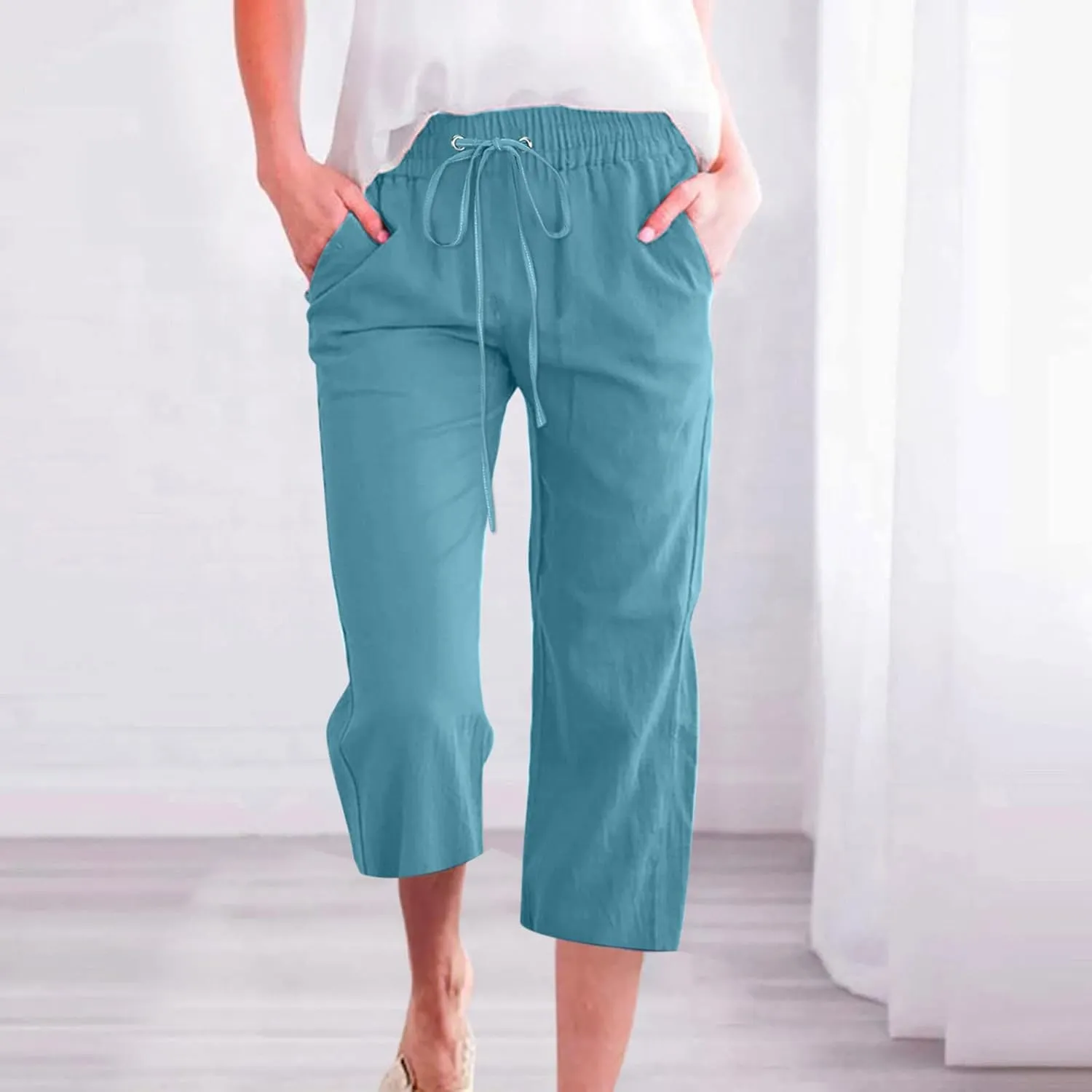 Linen Capris for Women Summer Casual Lounge Pants Cropped Cotton Linen Comfy Drawstring Baggy Trousers with Pockets