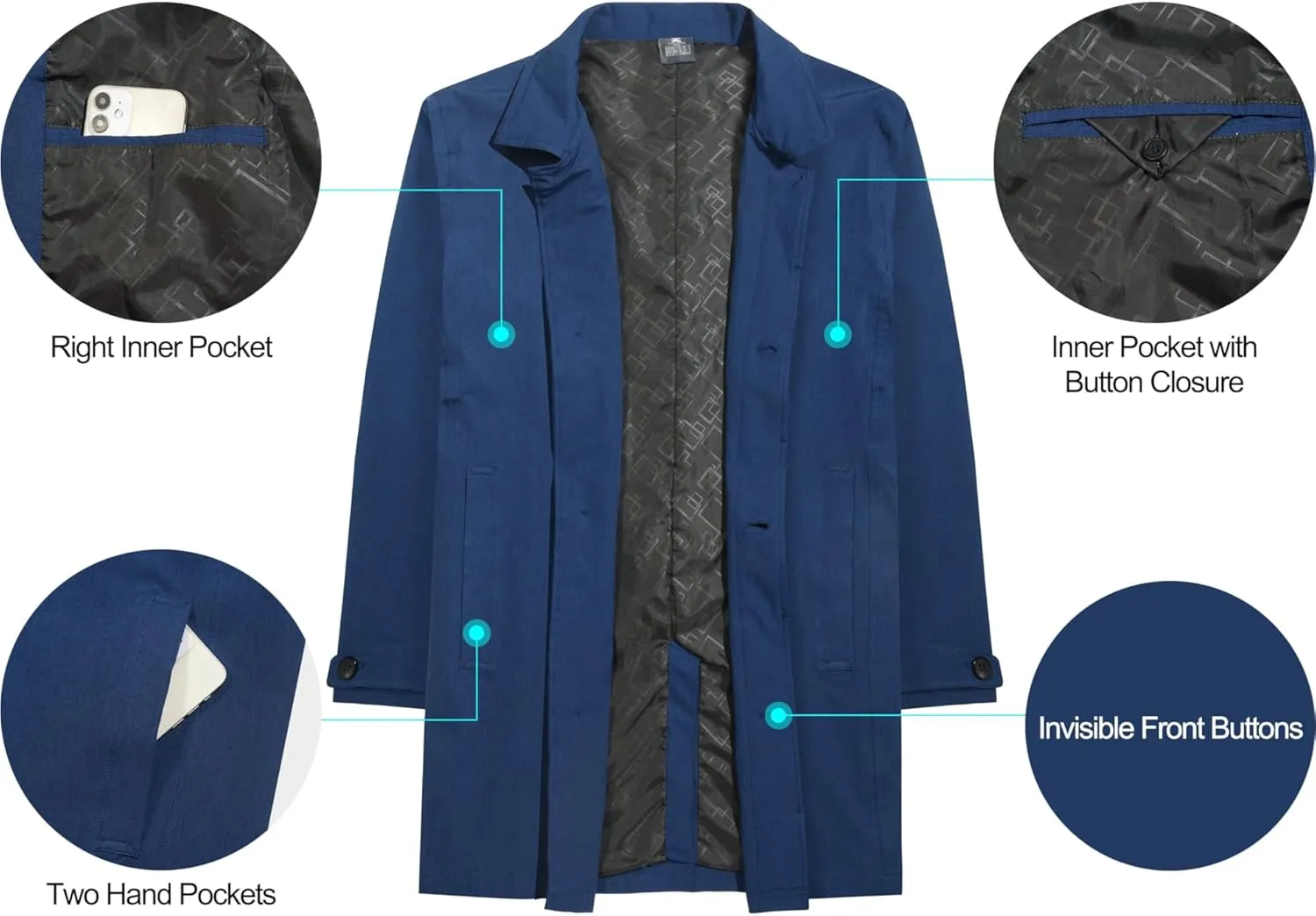 Little Donkey Andy Men's Waterproof Trench Coat, Mid-Length Lightweight Long Rain Coat, Single Breasted Overcoat