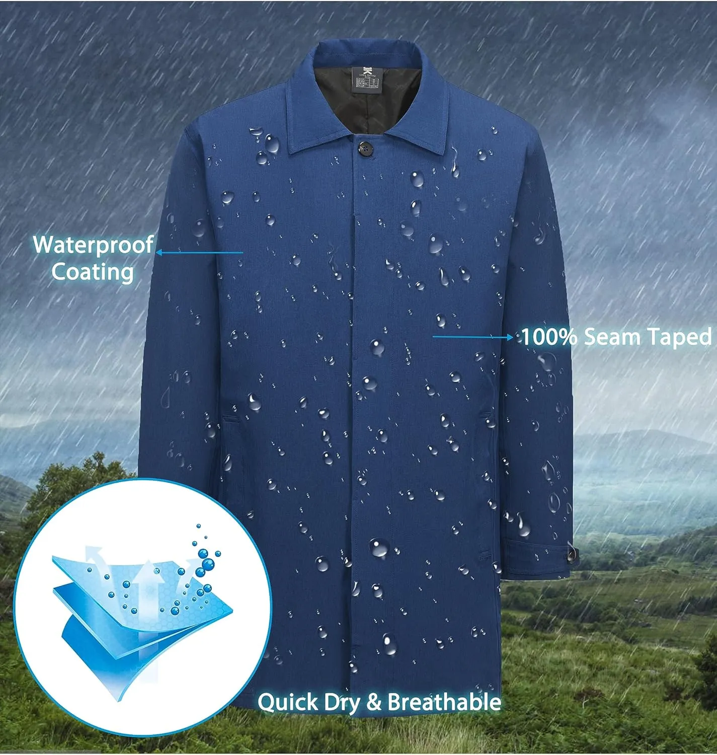 Little Donkey Andy Men's Waterproof Trench Coat, Mid-Length Lightweight Long Rain Coat, Single Breasted Overcoat