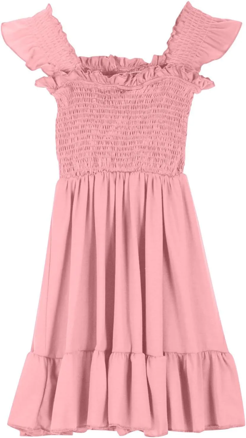 Little Girls Summer Smocked Dresses Cute Teen Ruffle Sleeveless Holiday Sundress 3-14 Years